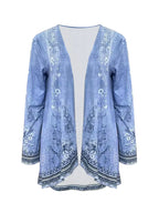 Spring And Autumn New Women's Top Printed Cardigan Casual Long Sleeve Light Jacket Blue