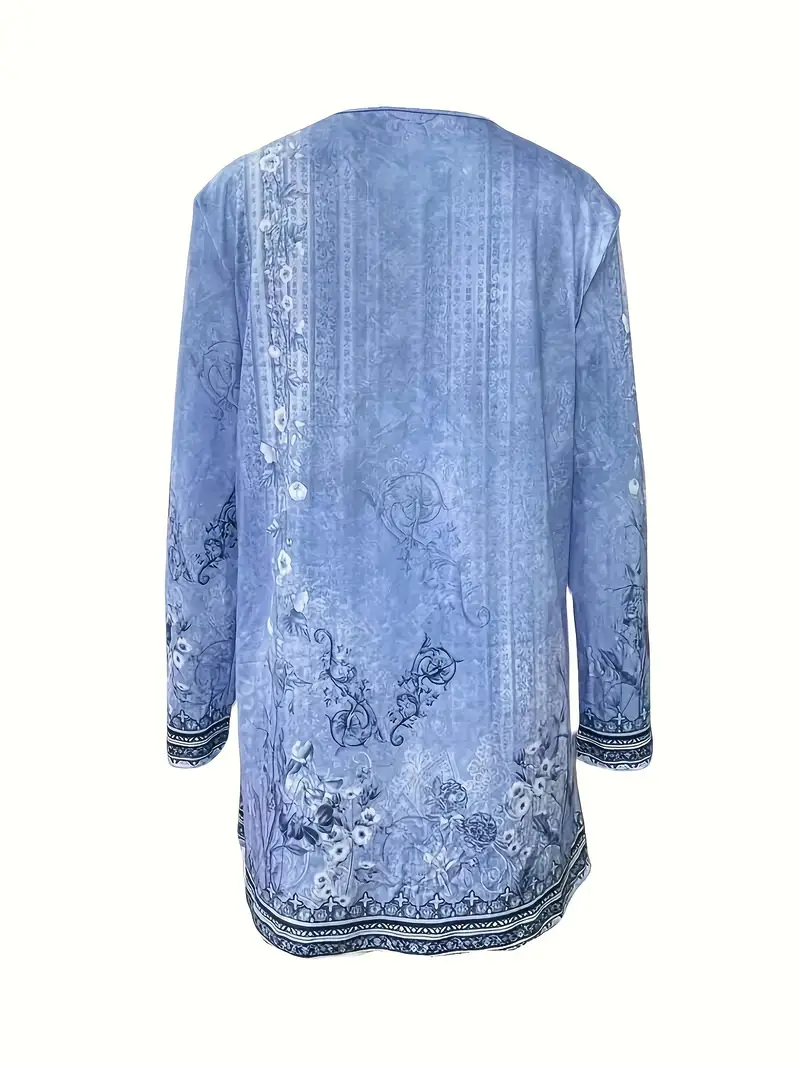 Spring And Autumn New Women's Top Printed Cardigan Casual Long Sleeve Light Jacket Blue