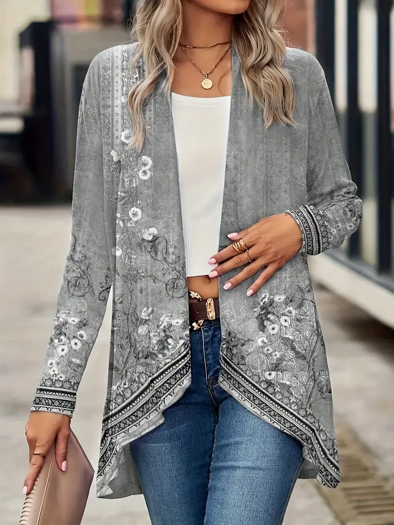 Spring And Autumn New Women's Top Printed Cardigan Casual Long Sleeve Light Jacket Gray