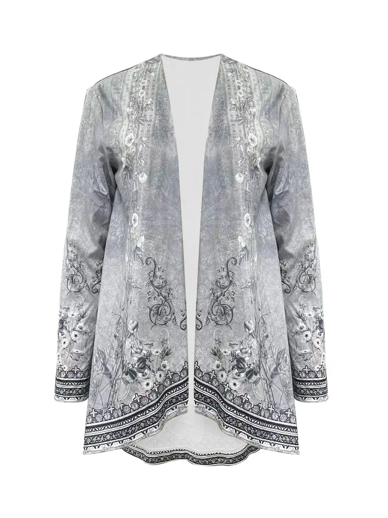 Spring And Autumn New Women's Top Printed Cardigan Casual Long Sleeve Light Jacket Gray