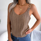 Women's Sleeveless Knitted Camisole With Metal Buckle Straps Crew Neck Tank Top