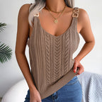 Women's Sleeveless Knitted Camisole With Metal Buckle Straps Crew Neck Tank Top