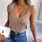 Women's Sleeveless Knitted Camisole With Metal Buckle Straps Crew Neck Tank Top