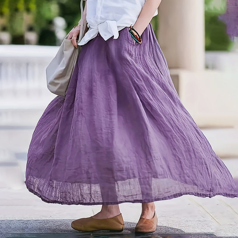 Women Bohemian Beach A-Line Dress Elastic Waist Flowy Long Maxi Skirt With Pockets