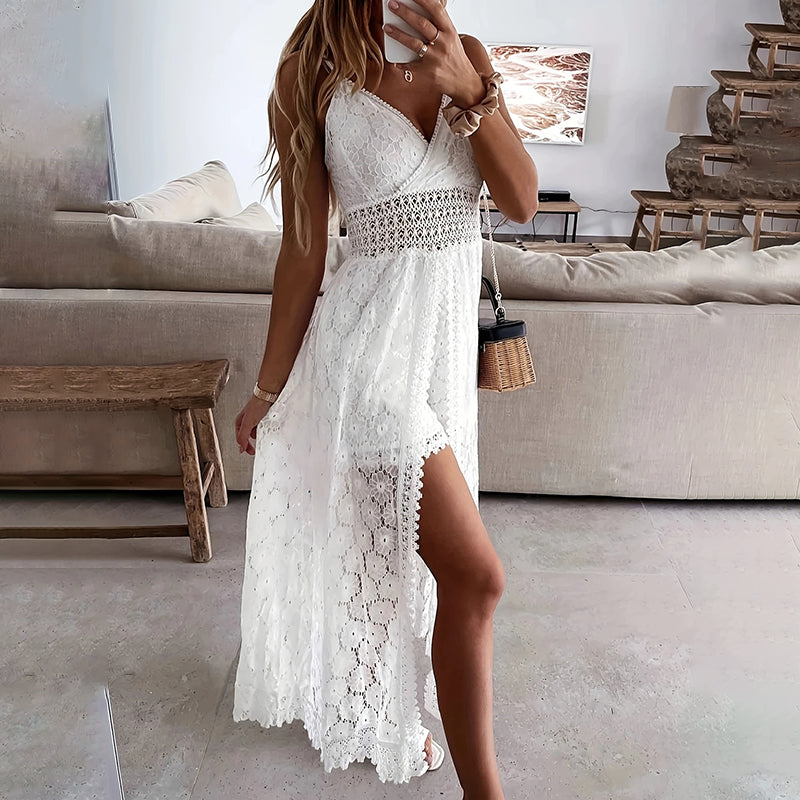 Women's Summer Elegant Lace Jumpsuit - V-Neck Sleeveless Romper With Intricate Detailing