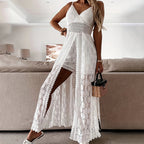 Women's Summer Elegant Lace Jumpsuit - V-Neck Sleeveless Romper With Intricate Detailing