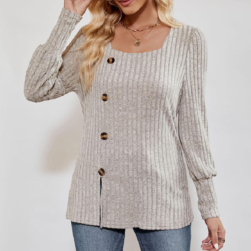 Women's Square Neck Tunic Top - Loose Fit Side Slit Long Sleeve Blouse With Button Decor