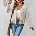 Women's Faux Suede Fringe Trim Long Sleeve Open Front Cardigan Jacket Western Concert Outfits