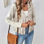 Women's Faux Suede Fringe Trim Long Sleeve Open Front Cardigan Jacket Western Concert Outfits