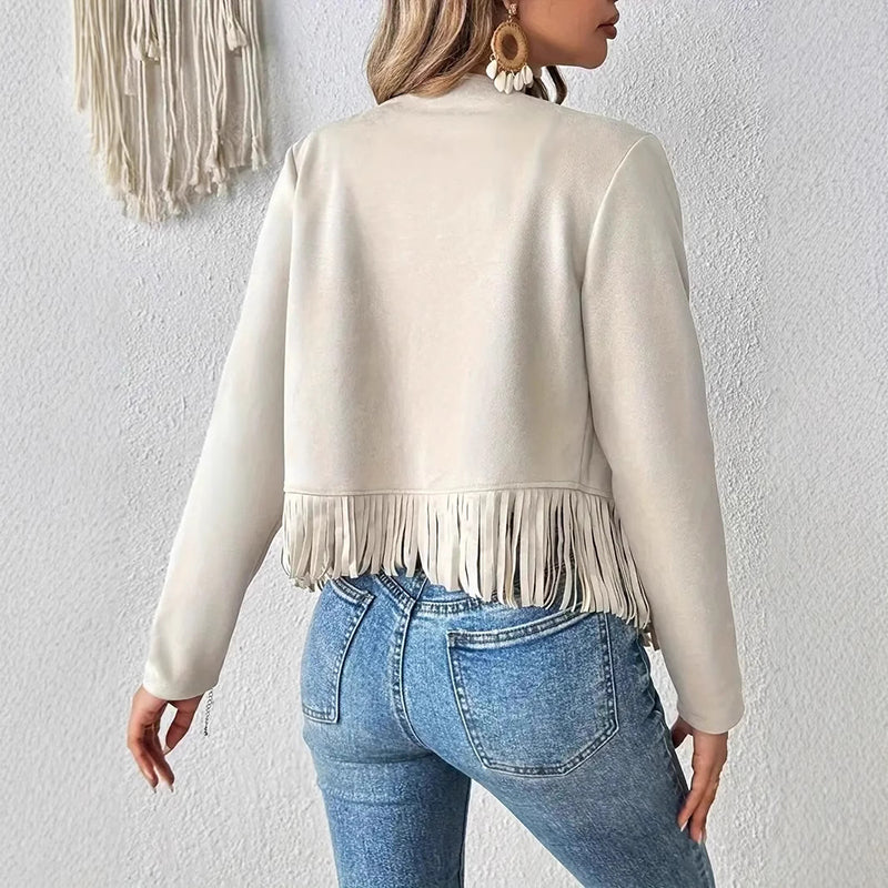 Women's Faux Suede Fringe Trim Long Sleeve Open Front Cardigan Jacket Western Concert Outfits
