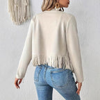 Women's Faux Suede Fringe Trim Long Sleeve Open Front Cardigan Jacket Western Concert Outfits