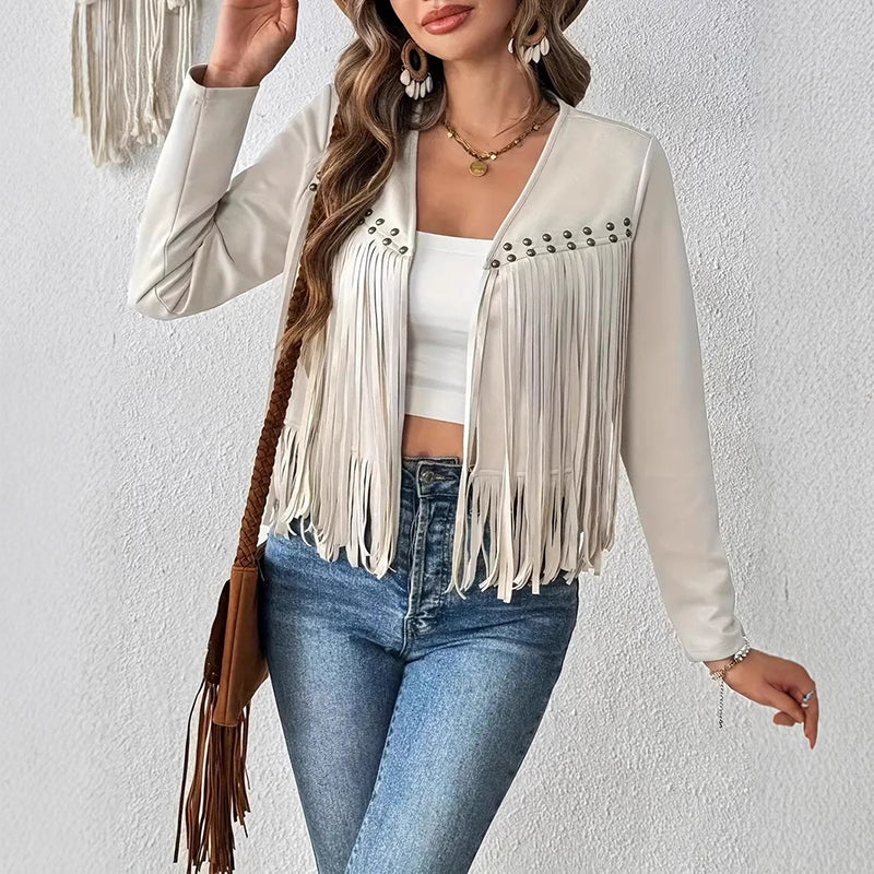 Women's Faux Suede Fringe Trim Long Sleeve Open Front Cardigan Jacket Western Concert Outfits