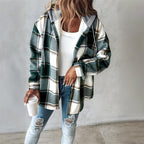Women's Plaid Drawstring Hoodie Long Sleeve Shirt Button Front Casual Tops Spring&Fall Fashion Minimalist Style