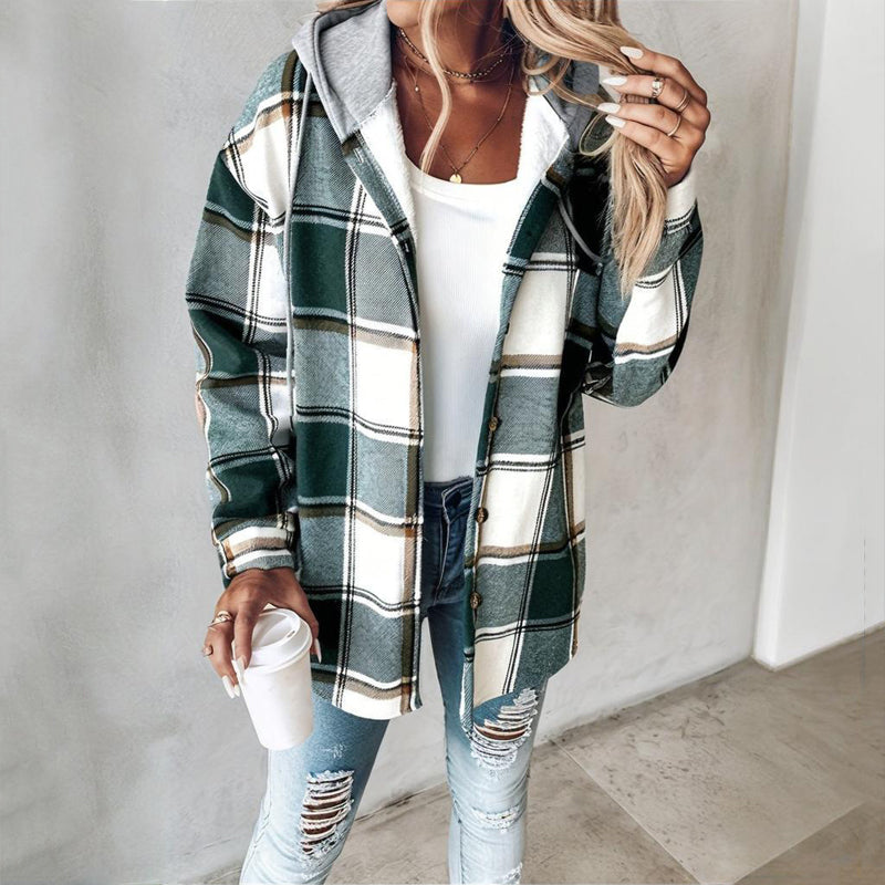 Women's Plaid Drawstring Hoodie Long Sleeve Shirt Button Front Casual Tops Spring&Fall Fashion Minimalist Style