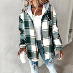 Women's Plaid Drawstring Hoodie Long Sleeve Shirt Button Front Casual Tops Spring&Fall Fashion Minimalist Style