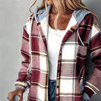 Women's Plaid Drawstring Hoodie Long Sleeve Shirt Button Front Casual Tops Spring&Fall Fashion Minimalist Style