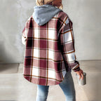 Women's Plaid Drawstring Hoodie Long Sleeve Shirt Button Front Casual Tops Spring&Fall Fashion Minimalist Style