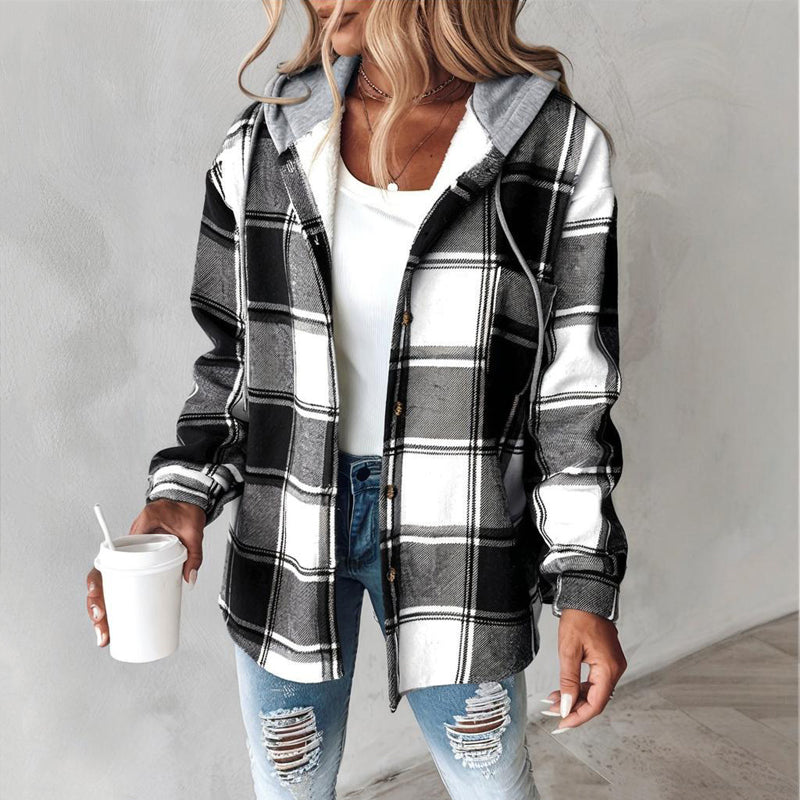 Women's Plaid Drawstring Hoodie Long Sleeve Shirt Button Front Casual Tops Spring&Fall Fashion Minimalist Style