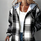 Women's Plaid Drawstring Hoodie Long Sleeve Shirt Button Front Casual Tops Spring&Fall Fashion Minimalist Style