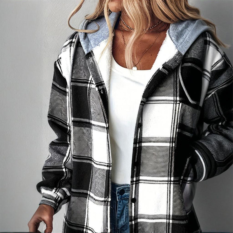 Women's Plaid Drawstring Hoodie Long Sleeve Shirt Button Front Casual Tops Spring&Fall Fashion Minimalist Style