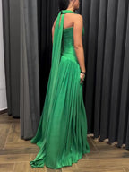 Emerald Green Plunging Neckline Gown With Pleated Skirt And Side Slit