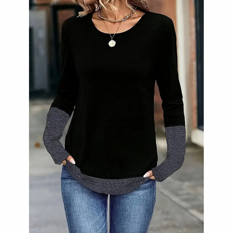Women's Color Block Crewneck Tee, Long Sleeve Casual Basic Top