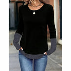 Women's Color Block Crewneck Tee, Long Sleeve Casual Basic Top