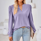 Women's Puff Sleeve V-Neck Blouse, Loose Long Sleeve Casual Work Top
