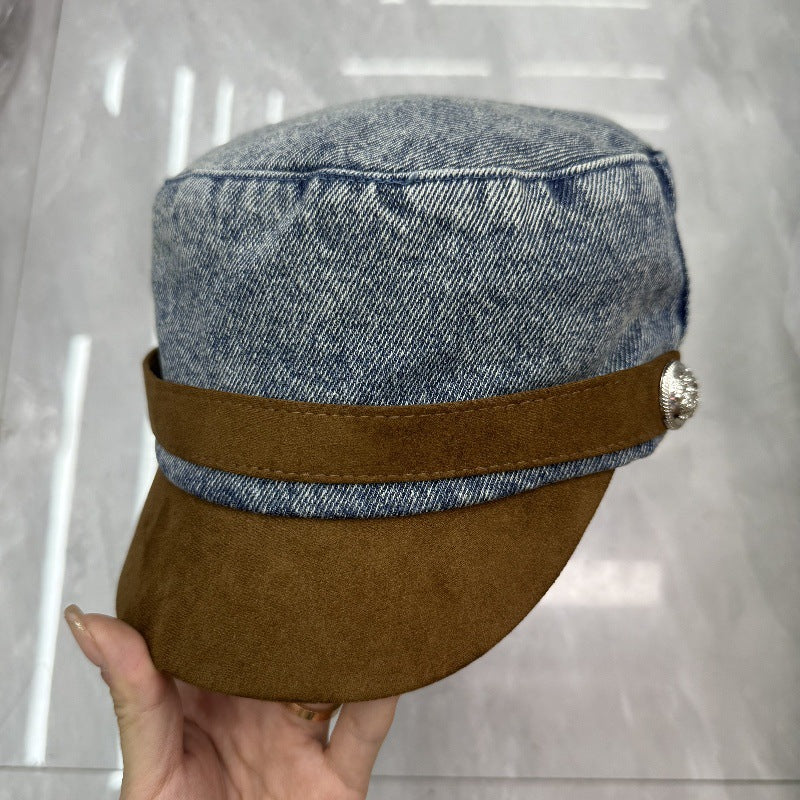 Japanese-style Retro Flat-top Cap Denim Women's Spring And Autumn Color Matching Flat Top