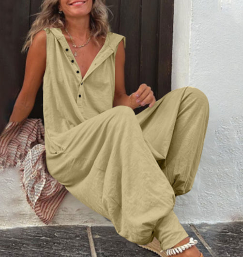 Button Hooded Sleeveless Trousers Jumpsuit