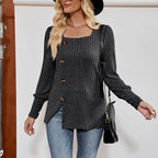 Women's Square Neck Tunic Top - Loose Fit Side Slit Long Sleeve Blouse With Button Decor