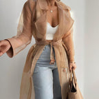 Women's Solid Color Half Sheer Long Sleeve Cardigan With Buttons & Belt - Lightweight Cover-Up For Summer
