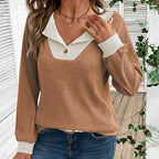 Women's Color Block Pullover - Spring Fall V-Neck Long Sleeve Casual Loose Top