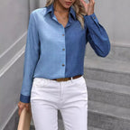 Women's Casual Single-breasted Solid Color Color Matching Long Sleeve Lapel Shirt