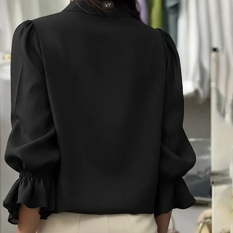 Women's Loose Ruffle Flare Sleeve Blouse, Notch Lapel Button-Down Shirt For Spring And Fall Office Wear