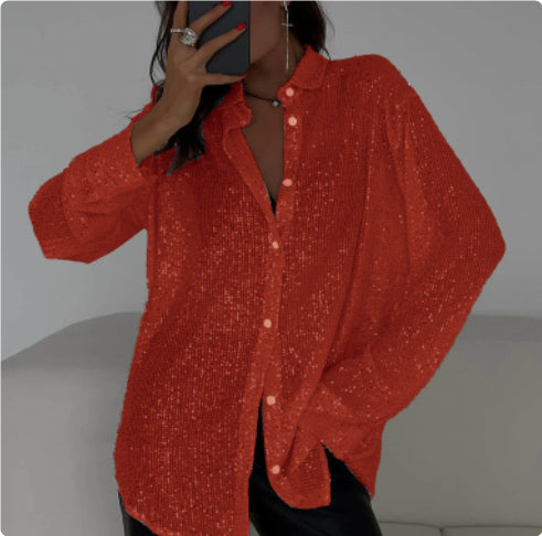 Sequin Lapel Long Sleeve Shirt