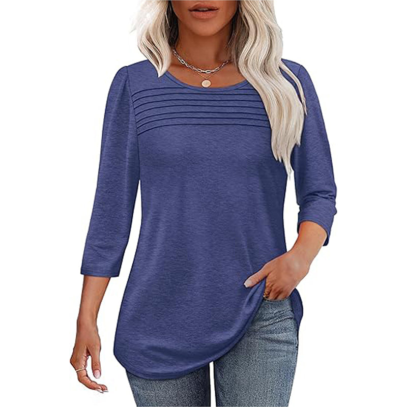 Women's 3-Pack 3 4 Sleeve Tunic Tops, Round Neck Pleated Blouse, Dressy Casual Shirts For Spring Summer Fall
