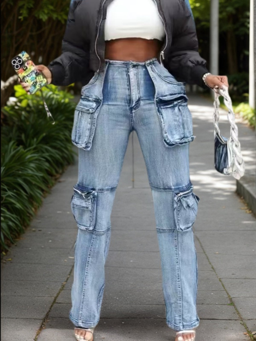 New Women's Casual And Versatile Multi-pocket Work Pants, Mid-waisted Washed Straight-cut Jeans