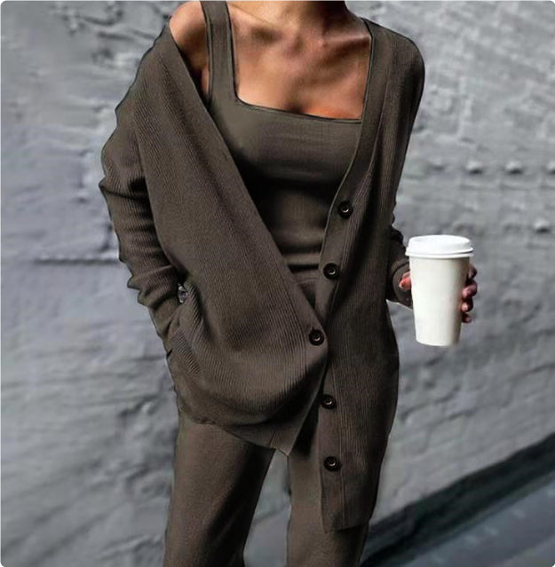 Knitted Three-Piece Women's New Coat Vest Pants Suit