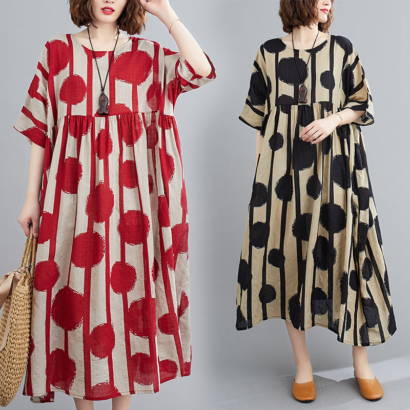 Literary Fat MM Large Size Loose Print Short Sleeve Dress