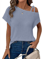 Women's Short-sleeved Solid Color Top Fashionable All-match Off-shoulder Knitted T-shirt