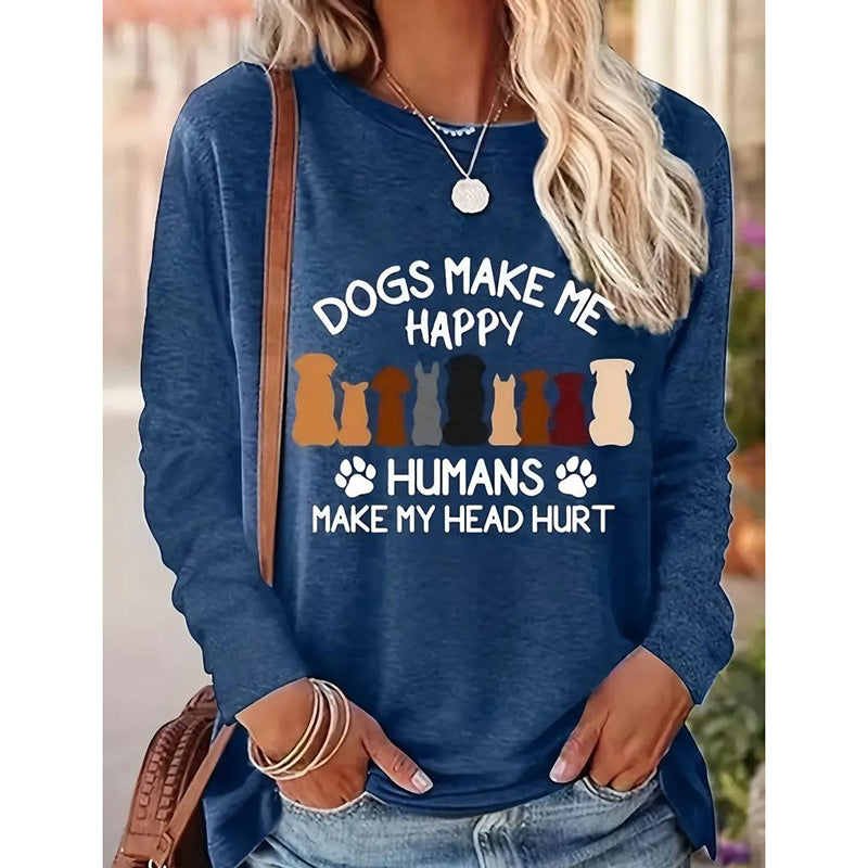 Women's Dog & Letter Print Crew Neck Sweatshirt, Casual Long Sleeve T-Shirt For Spring & Fall