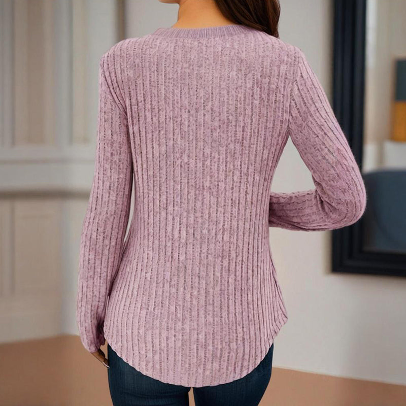 Women's Solid Color Button V-Neck Long Sleeve Knit Top - Casual Comfort Blouse For Spring&Fall