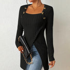 Elegant Women's Solid Color Slim-Fit Long Sleeve Top - Square Neck & Button Detail With Asymmetric Hem, Casual Fall&Spring Blouse