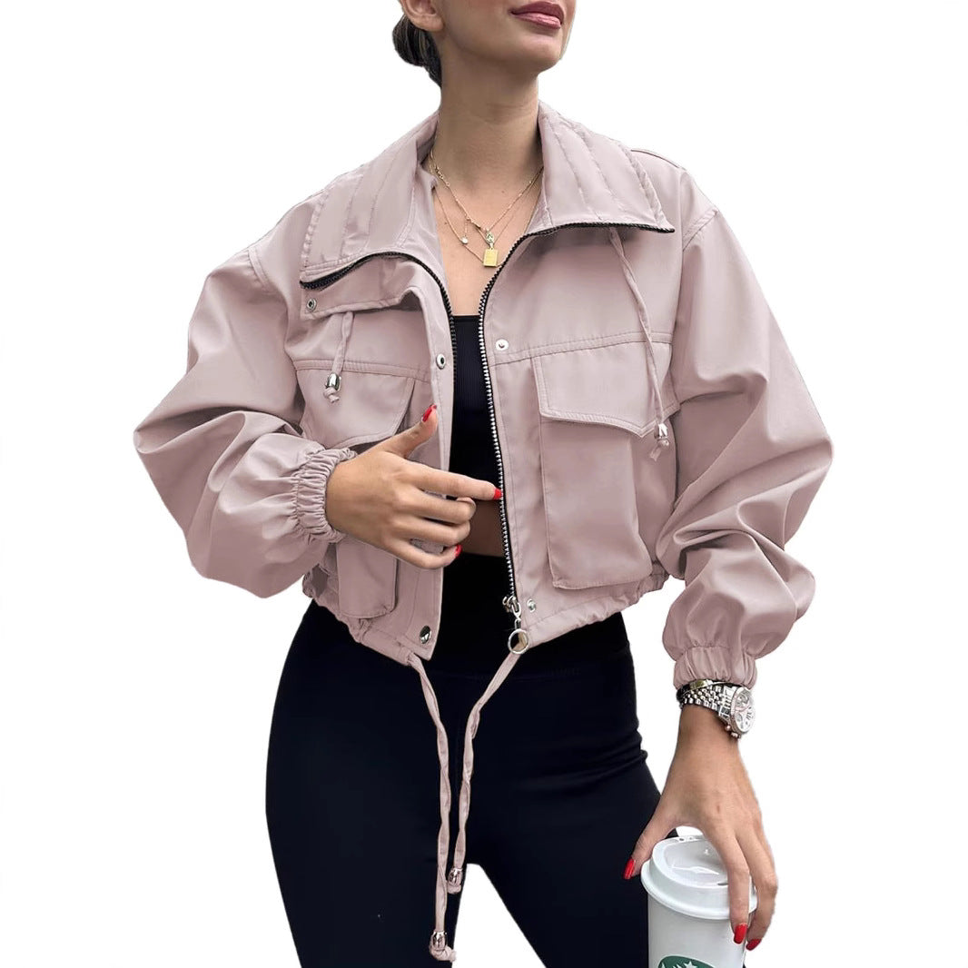 Solid Color Women's Short Jacket Zipper Trench Coat