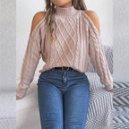 Women's Solid Color Off-Shoulder Cable Knit Sweater, High Neck Long Sleeve Pullover For Spring And Fall