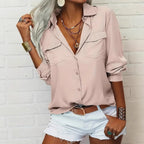 Women's Elegant Solid Chiffon Blouse Spring Summer Casual Long Sleeve V Neck Loose Shirt Office Lady Tunics Tops
