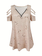 Self-pick-up Plus Size Women'S Casual Heart Print Zipper Short Sleeve Off Shoulder T-Shirt Only Self-pickup Is Supported