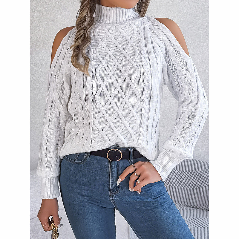 Women's Cold Shoulder Pullover - High Neck Long Sleeve Lightweight Sweater Top