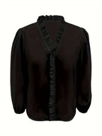 Pure Color Ruffle Hemline Shirt, Casual V-neck Long Sleeve Shirt.